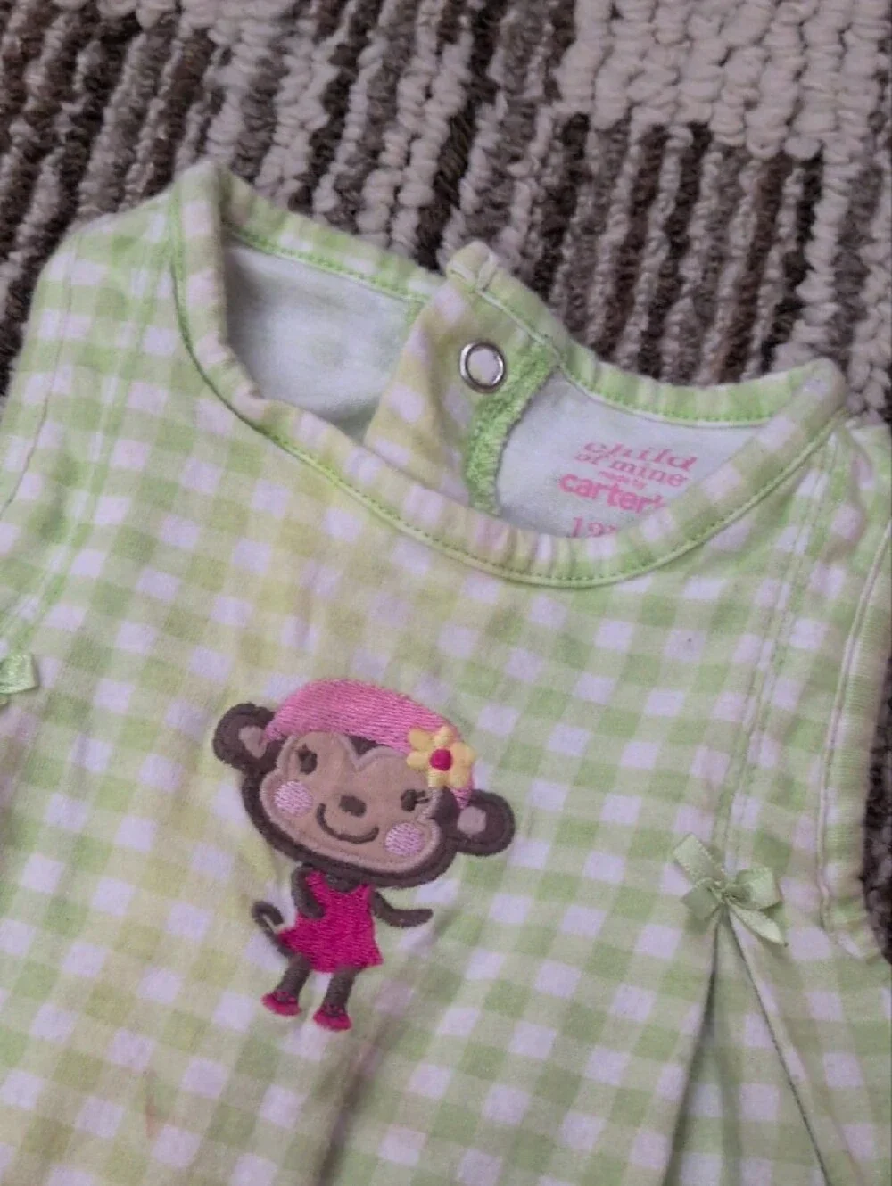 Carter's Purple Polka Dot Baby Romper & Green Checked Monkey Bodysuit.